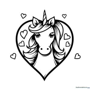 A friendly cartoon unicorn surrounded by floating hearts, featuring bold, clean outlines perfect for young children to color.