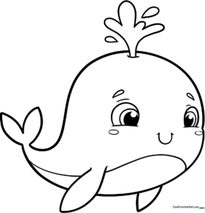 A friendly cartoon whale with a large smile and a small water spout, featuring bold, clean outlines perfect for children to color.