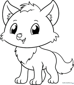 A friendly cartoon wolf with large expressive eyes and a fluffy tail, outlined in bold black lines for easy coloring by children.