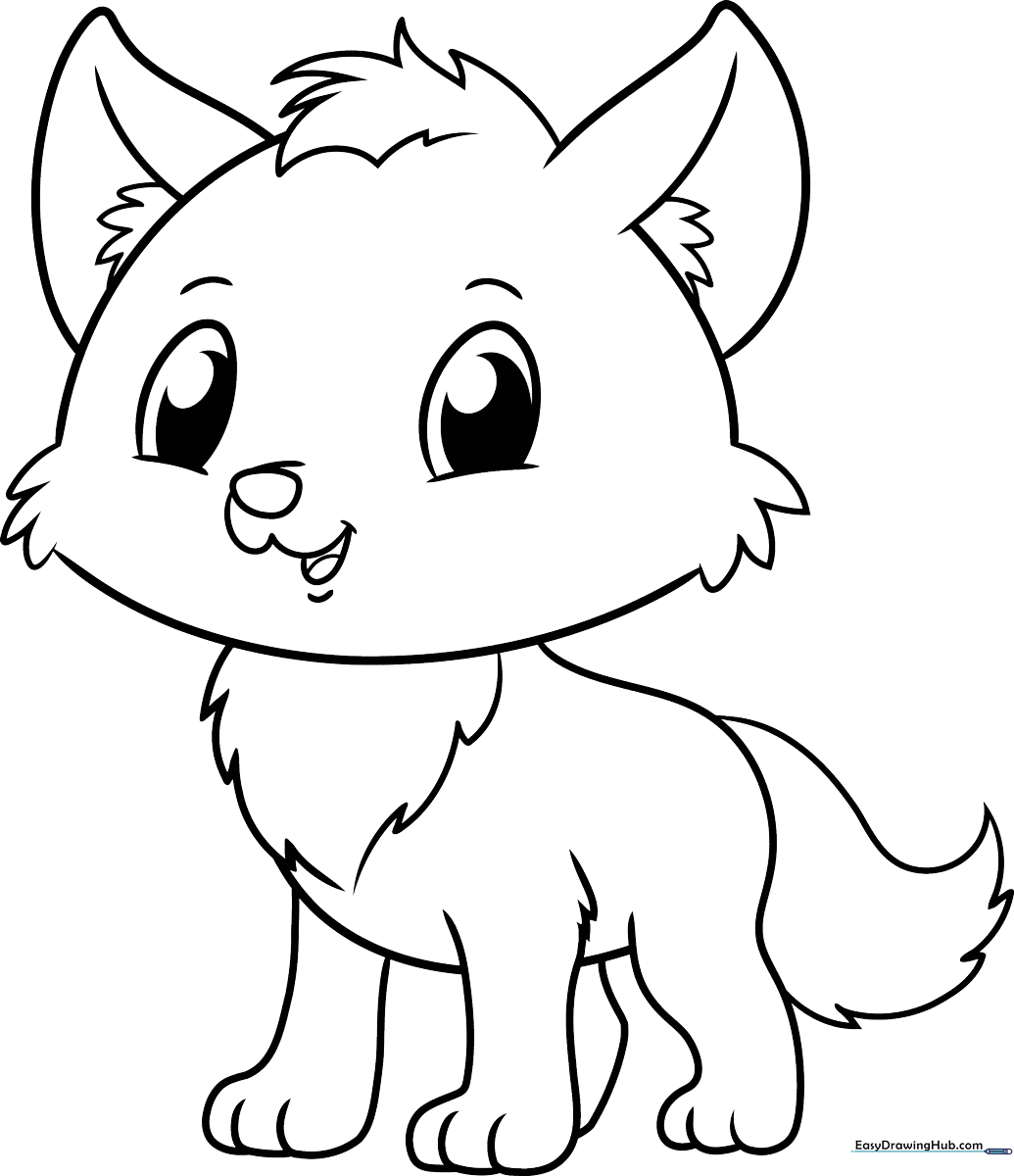 A friendly cartoon wolf with large expressive eyes and a fluffy tail, outlined in bold black lines for easy coloring by children.