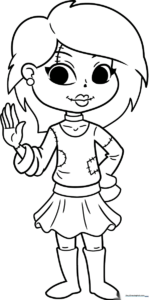 Line art illustration of a friendly zombie girl with messy hair and a stitched dress, ready for coloring.
