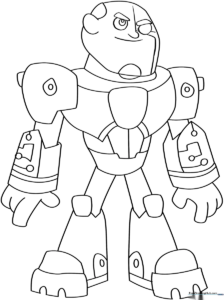 Black and white line art of Cyborg from Teen Titans, featuring his robotic eye and mechanical chest plate, ready for coloring.