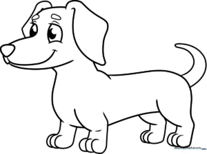 Cartoon Dachshund with a long body and floppy ears, outlined for children to color.