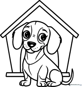 Line art illustration of a cute Dachshund puppy peeking out from a wooden doghouse, featuring clear outlines for easy coloring.