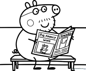 Daddy Pig sitting in a chair holding a large newspaper, outlined in bold black lines for easy coloring by children.