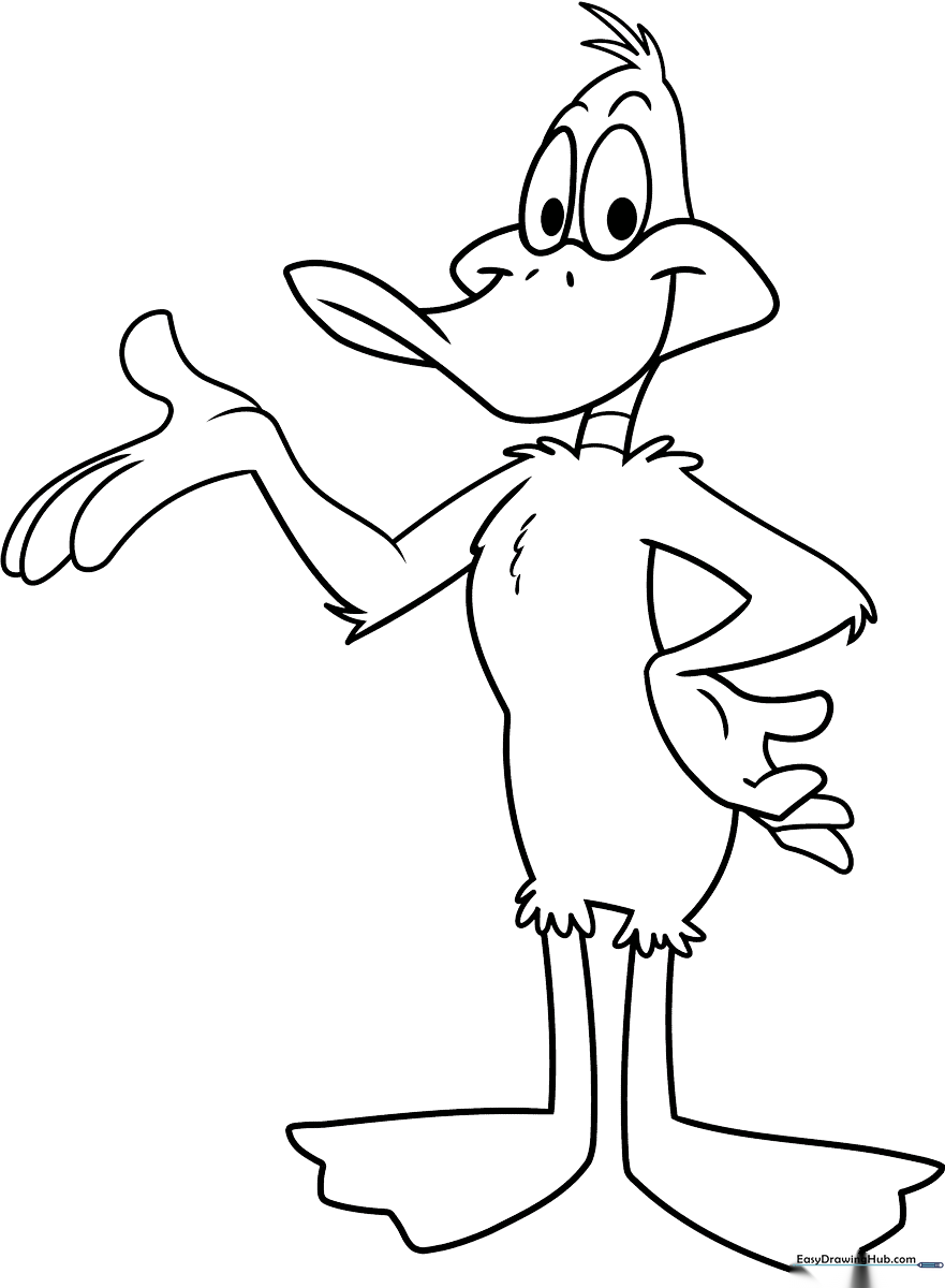 Black and white line art of Daffy Duck standing in a classic pose, ready for coloring with bold outlines for easy filling.