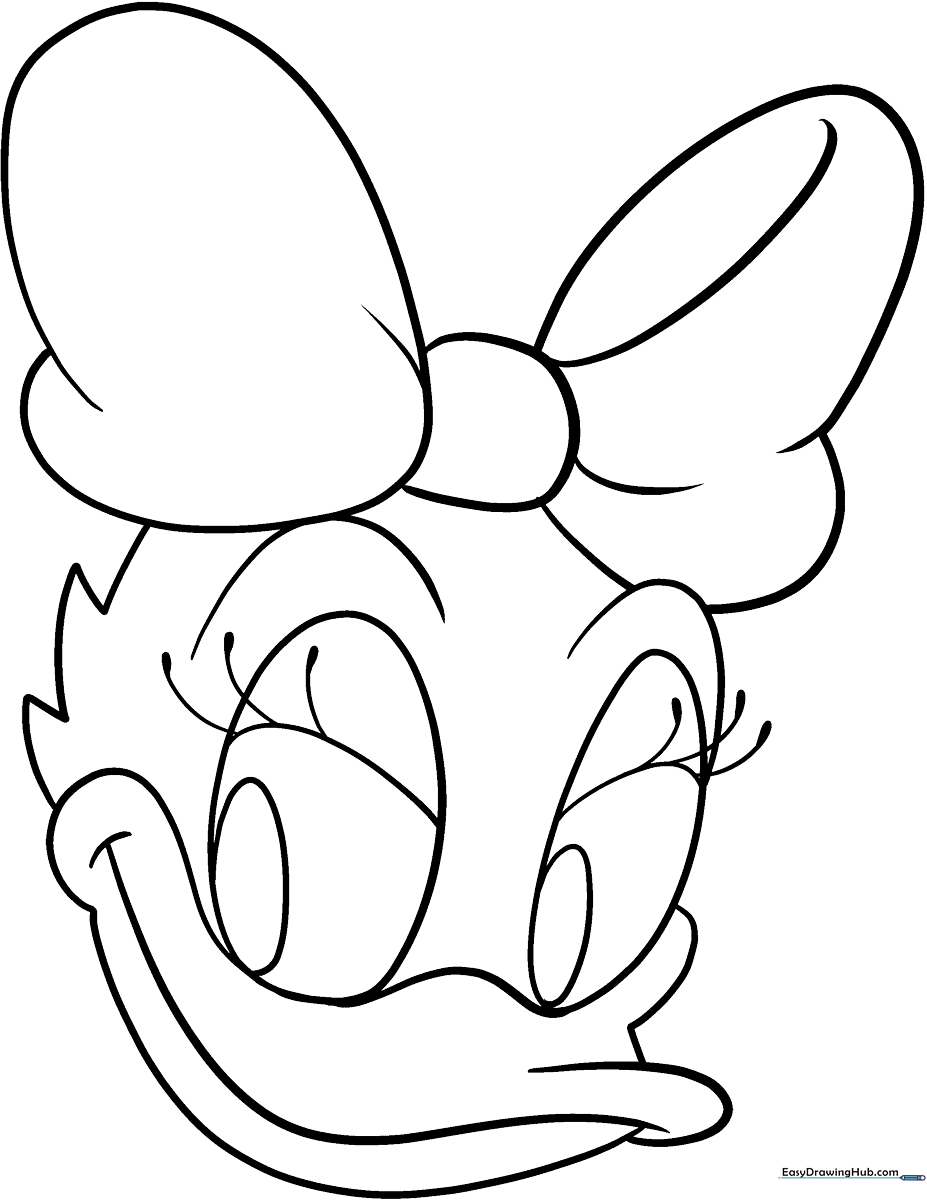 Black and white line art of Daisy Duck featuring her signature bow and dress, ready for children to color with crayons or markers.