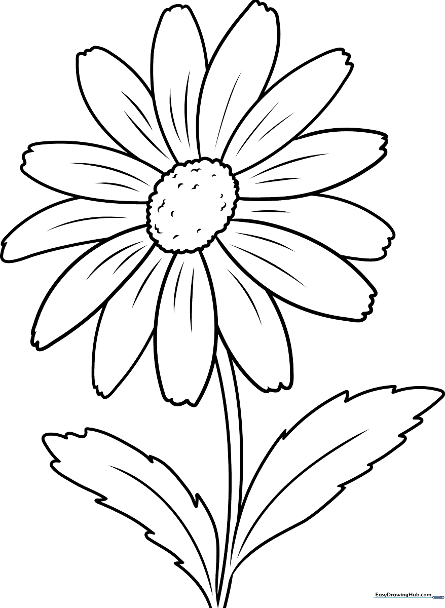 Black and white line art of a single daisy flower with rounded petals and a circular center, ready for coloring.