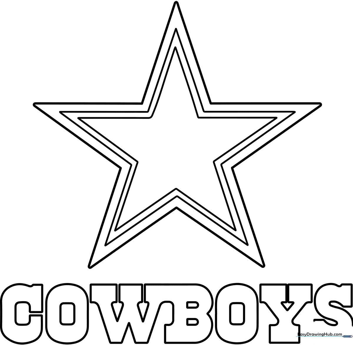 Clean, bold outline of the Dallas Cowboys five-pointed star logo on a white background, ready for coloring.
