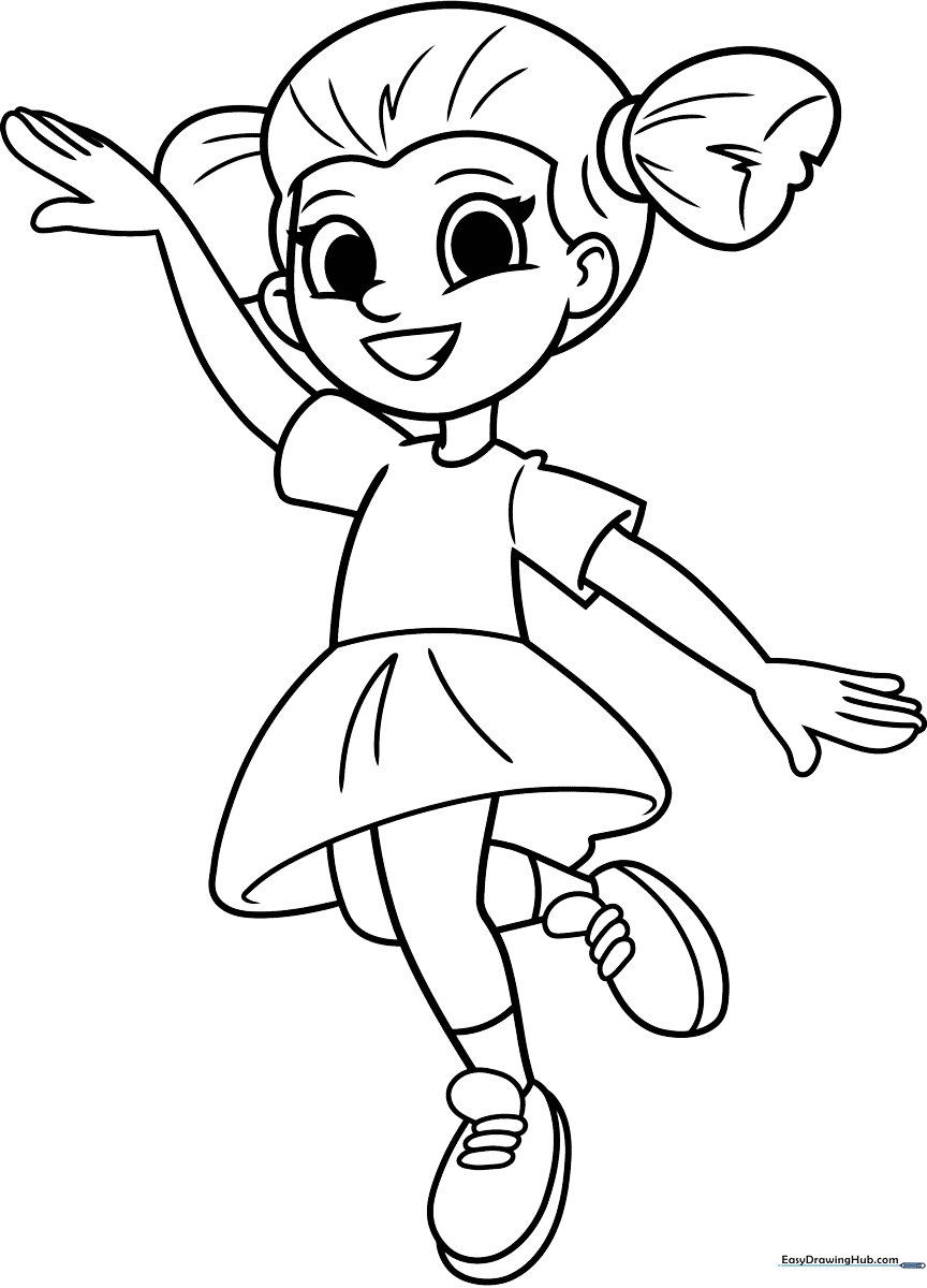 A line-art illustration of a girl in a dress mid-dance, featuring clear outlines for easy coloring and artistic practice.