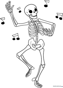 A friendly cartoon skeleton in a joyful dancing pose, featuring bold outlines perfect for coloring with markers or colored pencils.