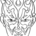 Detailed line art of Darth Maul from Star Wars, featuring his distinct facial markings and horns, ready for coloring.
