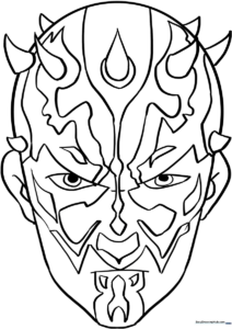 Detailed line art of Darth Maul from Star Wars, featuring his distinct facial markings and horns, ready for coloring.