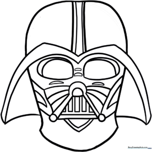 Black and white line art of Darth Vader's helmet and chest plate, designed with bold outlines for easy coloring by children.