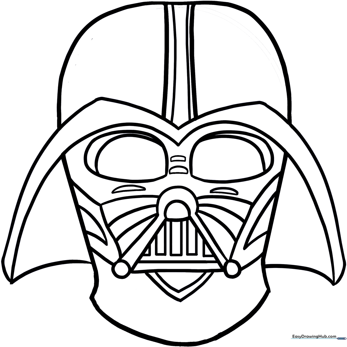 Black and white line art of Darth Vader's helmet and chest plate, designed with bold outlines for easy coloring by children.