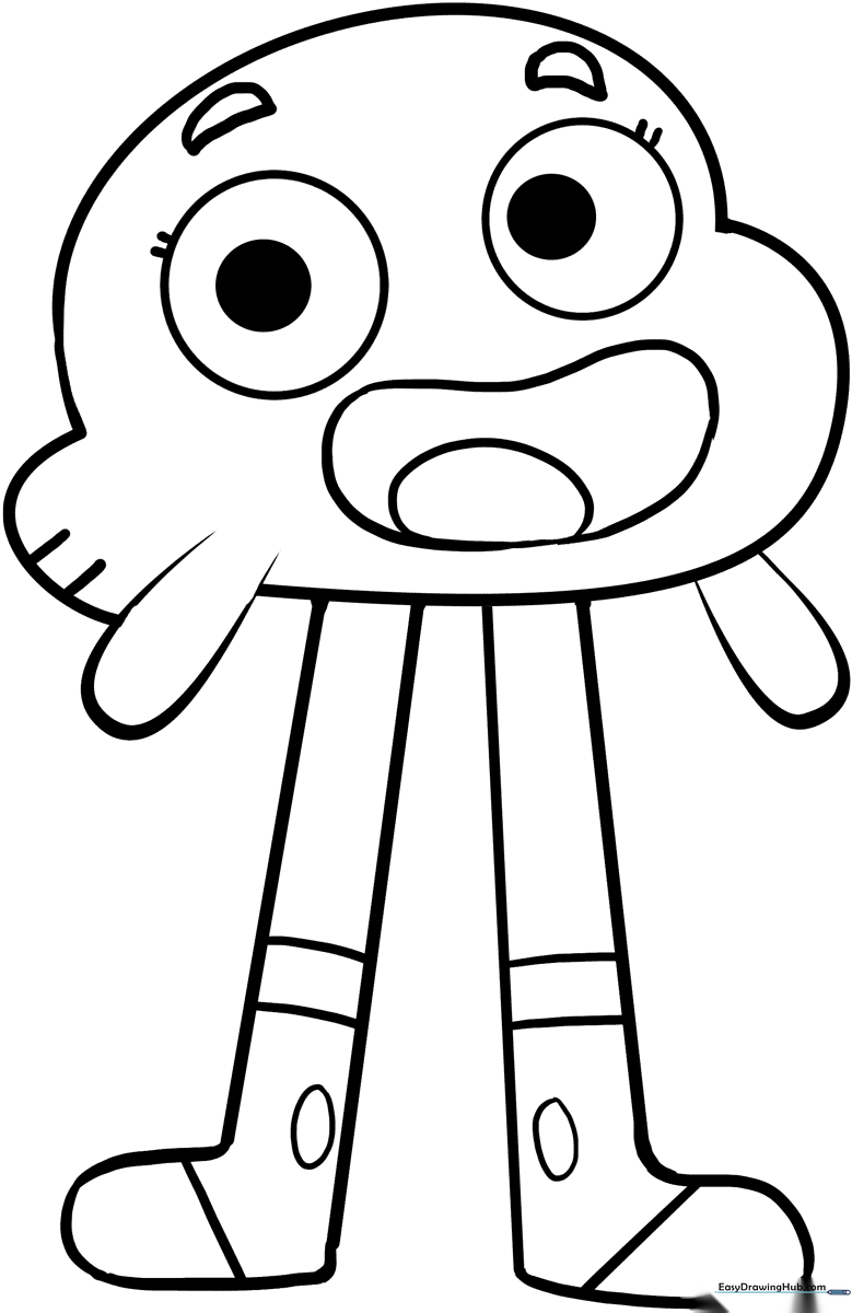Black and white line art of Darwin Watterson from The Amazing World of Gumball, featuring his signature fish shape, large expressive eyes, and sneakers, ready for coloring.