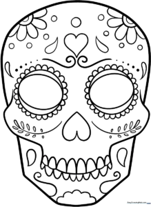 Black and white line art of a sugar skull featuring floral eye sockets and decorative patterns, ready for coloring.