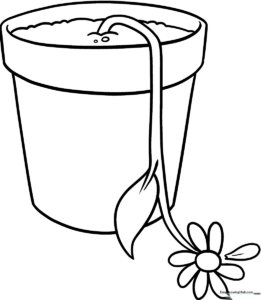 Black and white line art of a drooping, wilted flower with curled petals and a bent stem, ready for coloring.