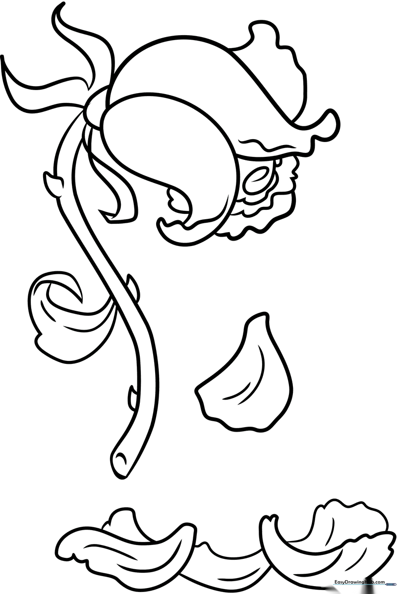 Black and white line art of a drooping dead rose with wilting petals and a thorny stem, designed for educational coloring practice.