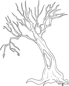 Black and white line art of a leafless dead tree with gnarled, twisted branches, designed for children to color.
