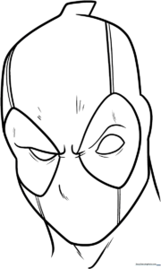 Black and white line art of Deadpool in a dynamic pose, featuring clear outlines for easy coloring by children.
