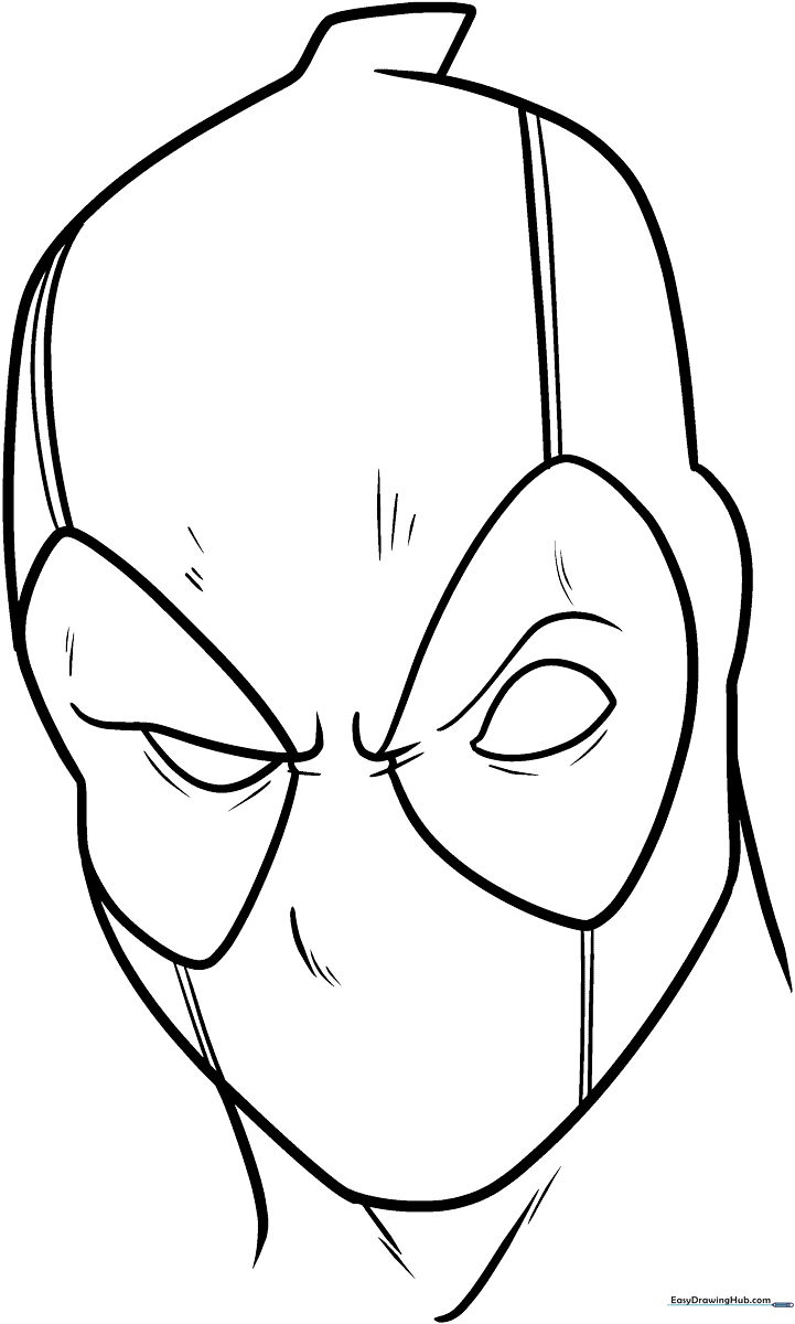 Black and white line art of Deadpool in a dynamic pose, featuring clear outlines for easy coloring by children.