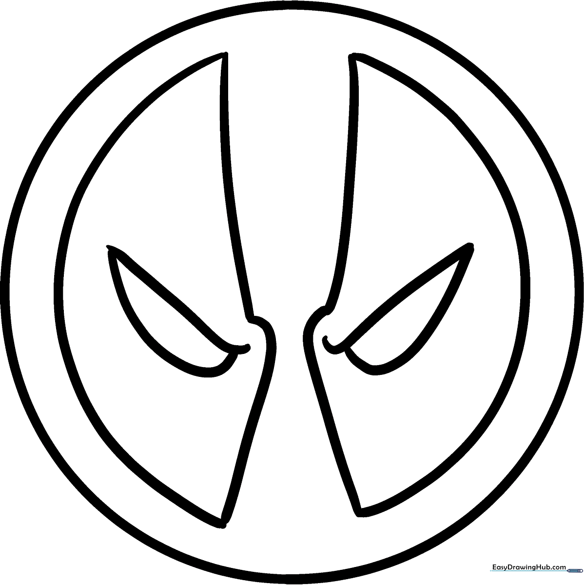 Bold black and white outline of the Deadpool mask logo, featuring large circular eyes and a central split design, ready for coloring.