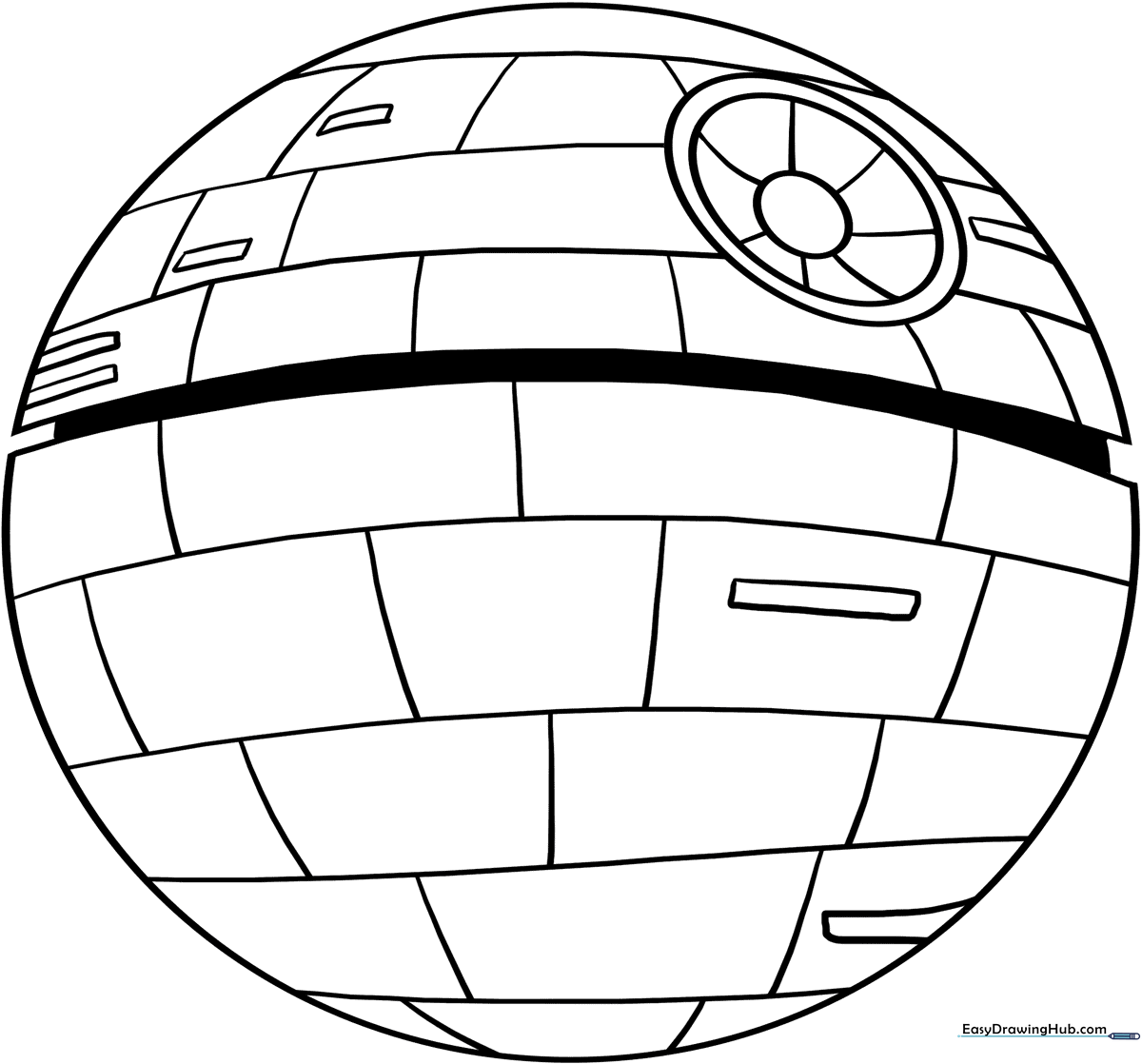 Black and white line art of the Death Star from Star Wars, featuring circular grid patterns and the iconic superlaser dish, ready for coloring.