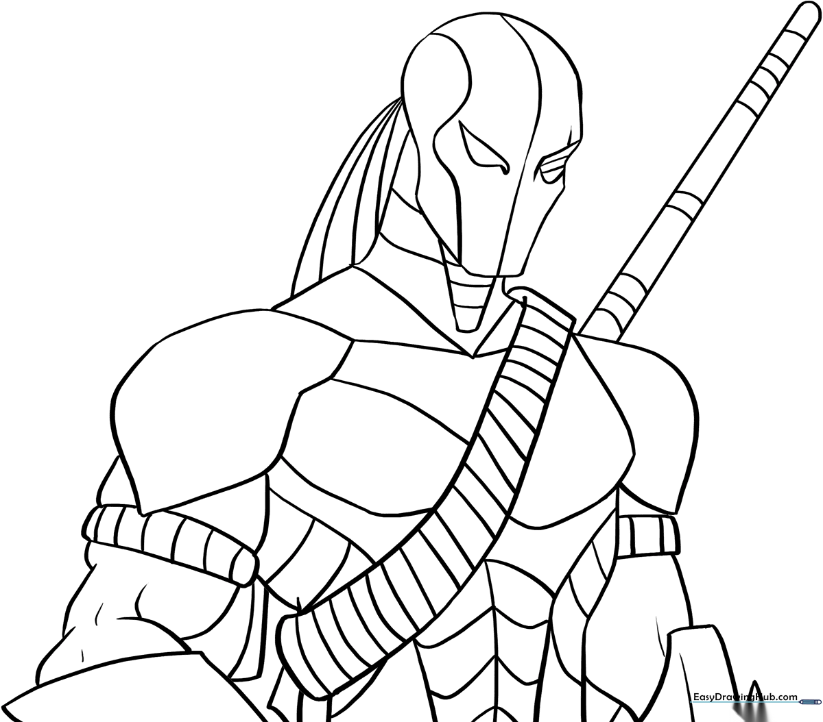 Black and white line art of Deathstroke in his tactical armor, featuring his iconic split-mask design, ready for coloring.