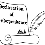 A clean, black-and-white line art illustration of the Declaration of Independence, featuring a scroll-like document with clear outlines for easy coloring by children.