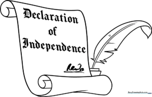 A clean, black-and-white line art illustration of the Declaration of Independence, featuring a scroll-like document with clear outlines for easy coloring by children.