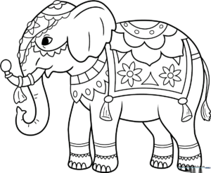 Black and white line art of an Indian elephant adorned with traditional decorative patterns on its head and back, ready for coloring.