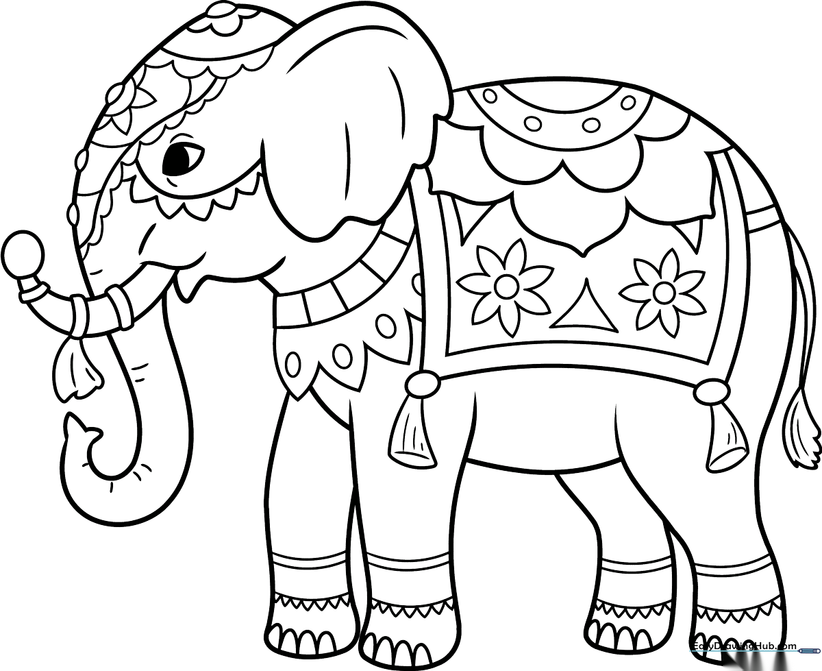 Black and white line art of an Indian elephant adorned with traditional decorative patterns on its head and back, ready for coloring.