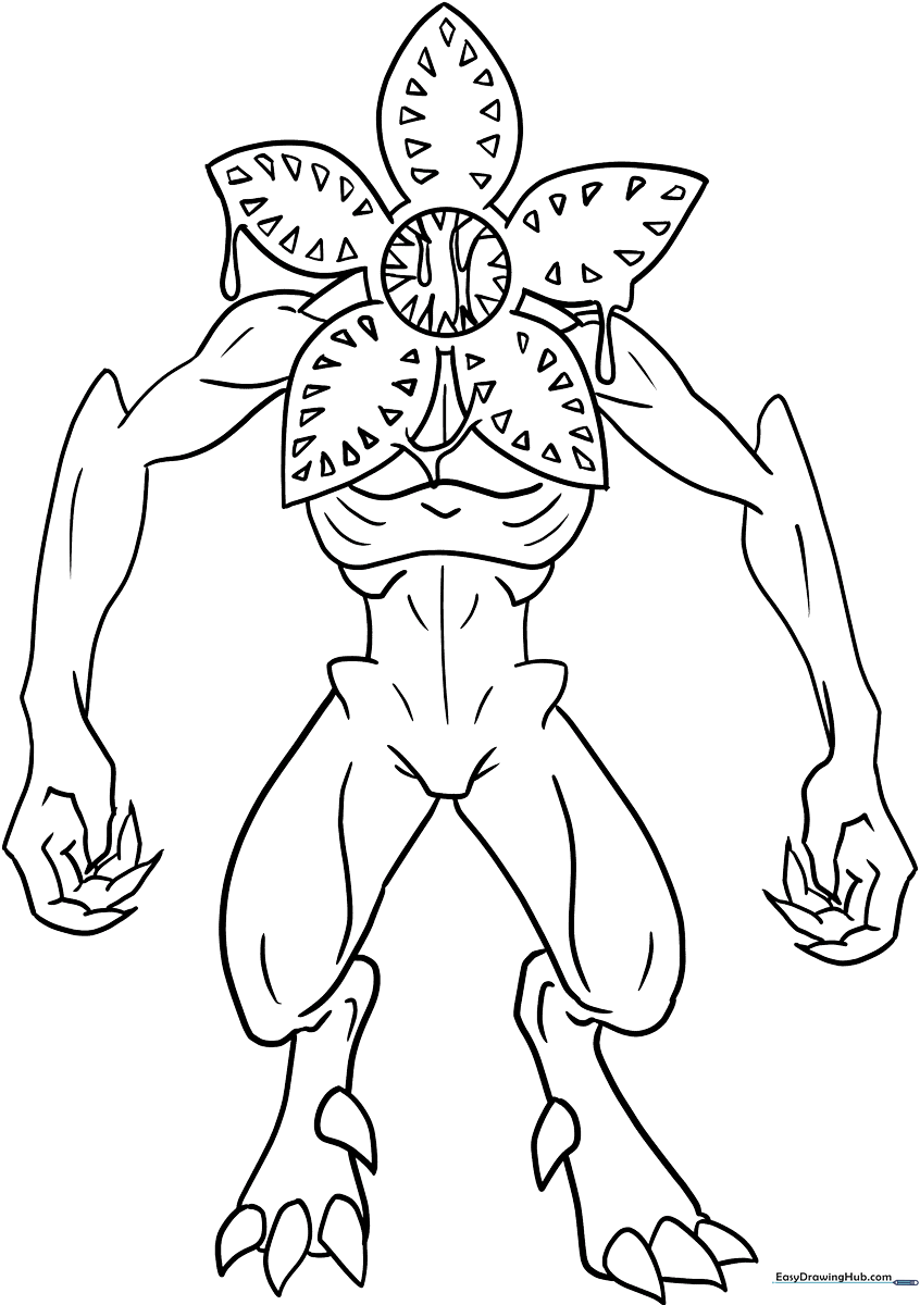 Black and white line art of the Demogorgon from Stranger Things, featuring its iconic open, petal-like face and textured skin, ready for coloring.