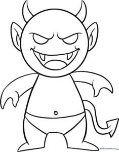 Black and white line art of a friendly cartoon demon character with horns and wings, designed for children to color.