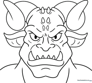 Detailed line art of a cartoon demon face with expressive horns and eyes, ready for coloring on a white background.