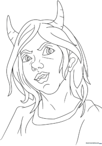 Black and white line art of a stylized demon girl character with horns and expressive eyes, designed for children to color.