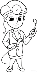 A friendly cartoon dentist wearing a lab coat and stethoscope, ready to be colored with bright, cheerful shades.