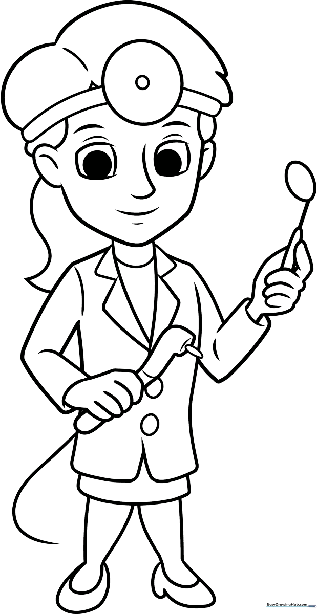 A friendly cartoon dentist wearing a lab coat and stethoscope, ready to be colored with bright, cheerful shades.