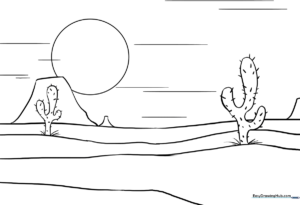 Printable desert landscape coloring sheet featuring rolling dunes, cacti, and a bright sun, designed for early childhood art education.
