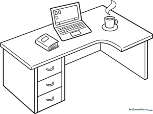 Black and white line art of a student desk with a flat surface and sturdy legs, designed for children to color.