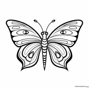 Intricate butterfly illustration with symmetrical wing patterns, designed for children to practice coloring within detailed boundaries.