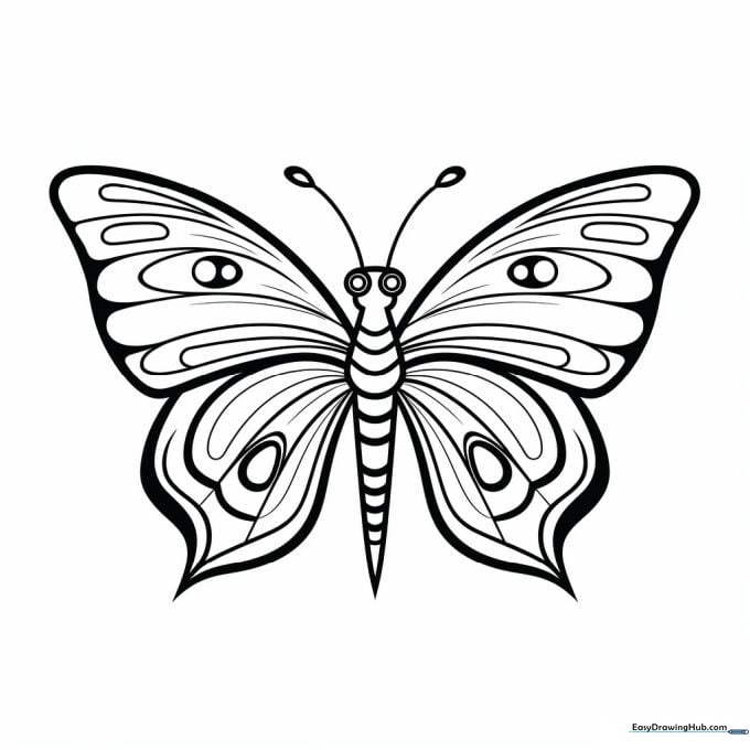 Intricate butterfly illustration with symmetrical wing patterns, designed for children to practice coloring within detailed boundaries.