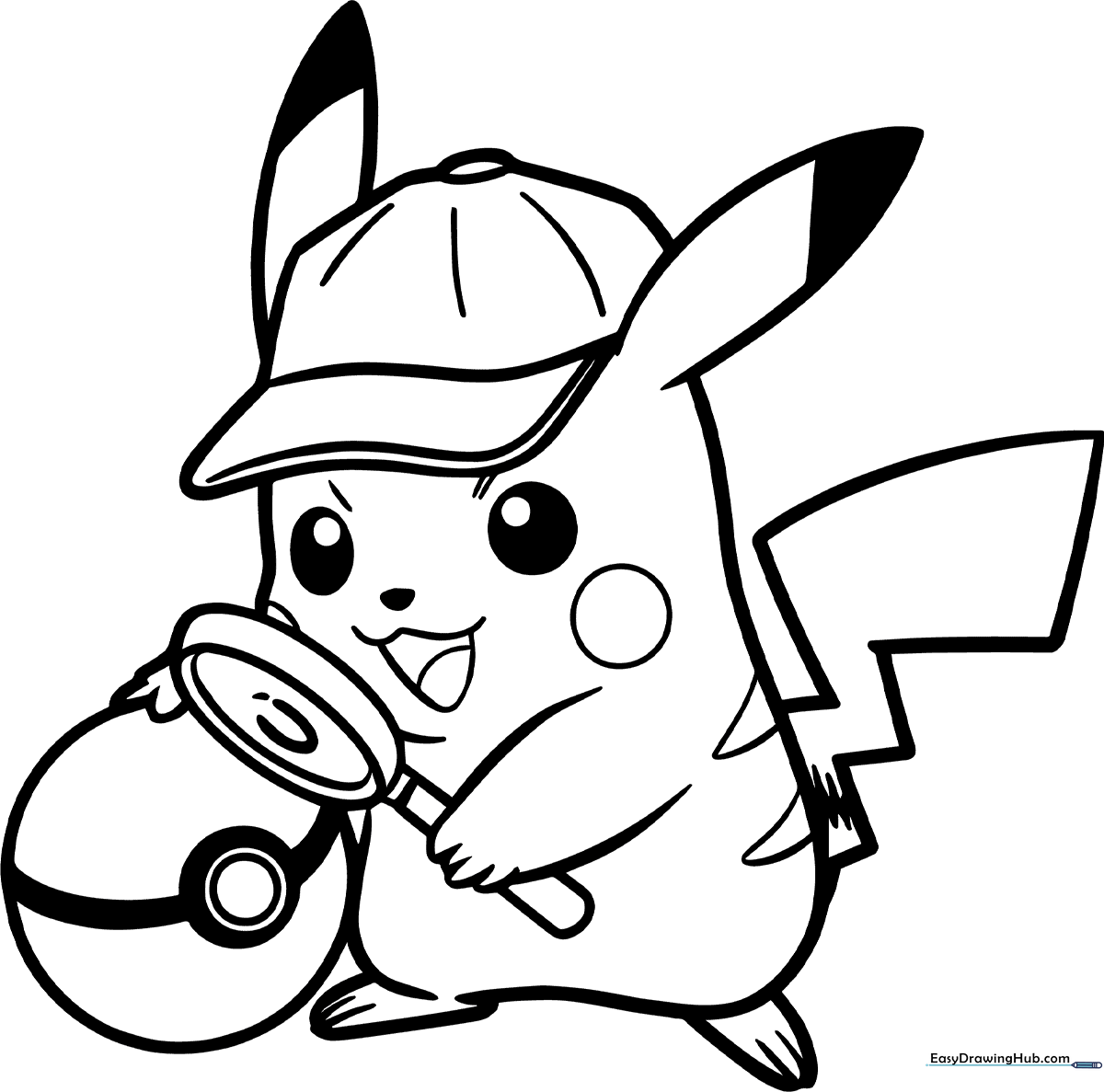 Black and white line art of Detective Pikachu wearing his signature deerstalker hat, ready for coloring with clear, bold outlines.