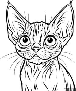 Black and white line art of a cute Devon Rex kitten with large ears and curly fur, designed for children to color.