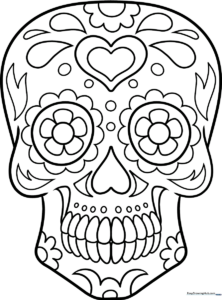 Black and white line art of a decorative sugar skull with floral eye sockets and ornate patterns, ready for coloring.