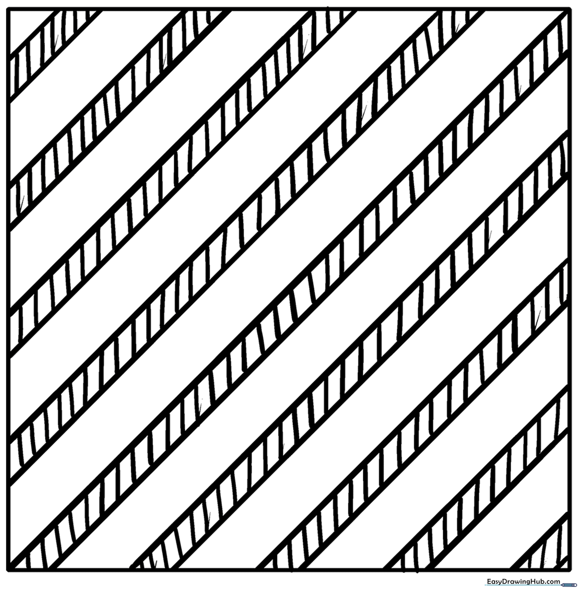 Black and white geometric coloring sheet featuring a repeating pattern of diagonal straight lines for kids to color.