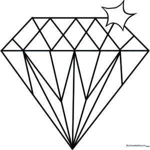 Black and white line art of a brilliant-cut diamond with clear geometric facets, designed for coloring practice.