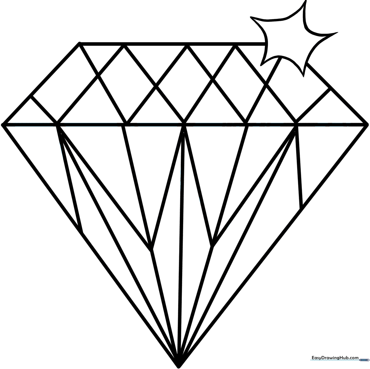 Black and white line art of a brilliant-cut diamond with clear geometric facets, designed for coloring practice.