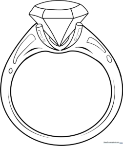 Black and white line art of a diamond ring featuring a large faceted gemstone on a simple band, ready for coloring.